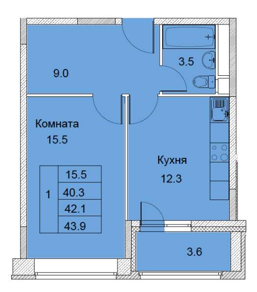 1-к квартира, улица Советская, дом 6, площадь 42,1, этаж 3