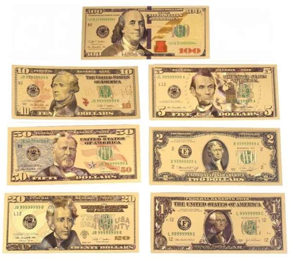 Набор из 7 позолоченных сувенирных банкнот 1-100 долларов в Санкт-Петербурге